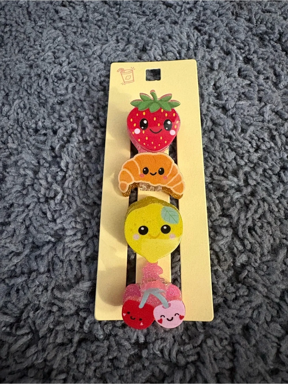 NWT set of 4 cute hair clips - a strawberry, a croissant, a lemon, and cherries